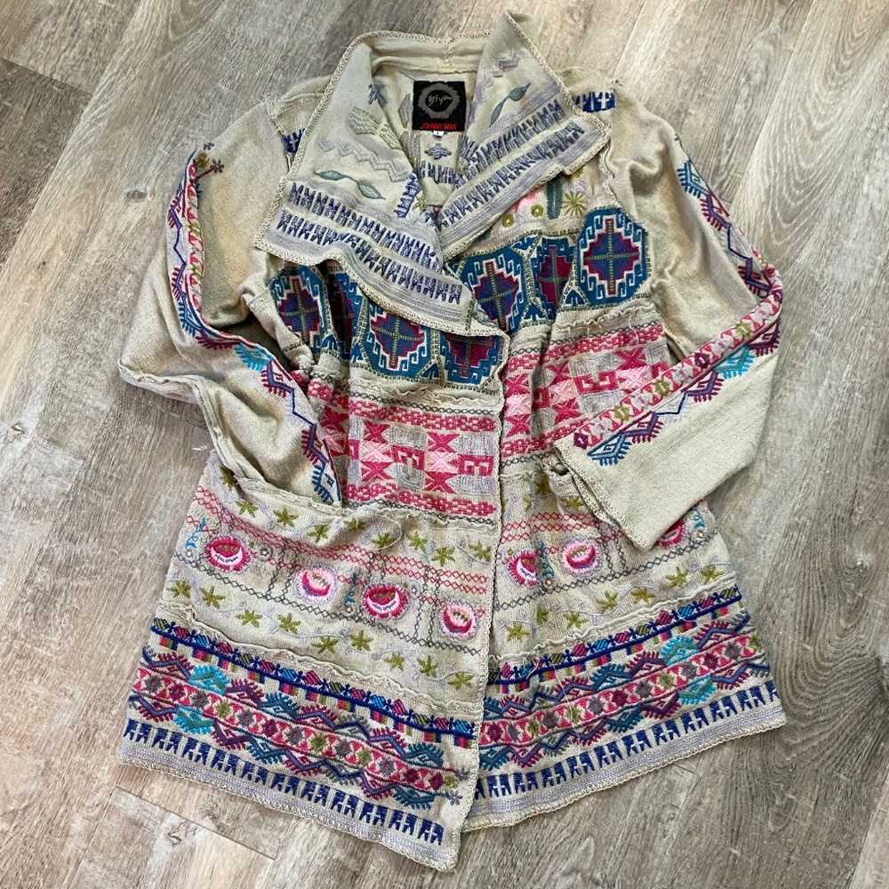 JOHNNY WAS embroidered wrap coat